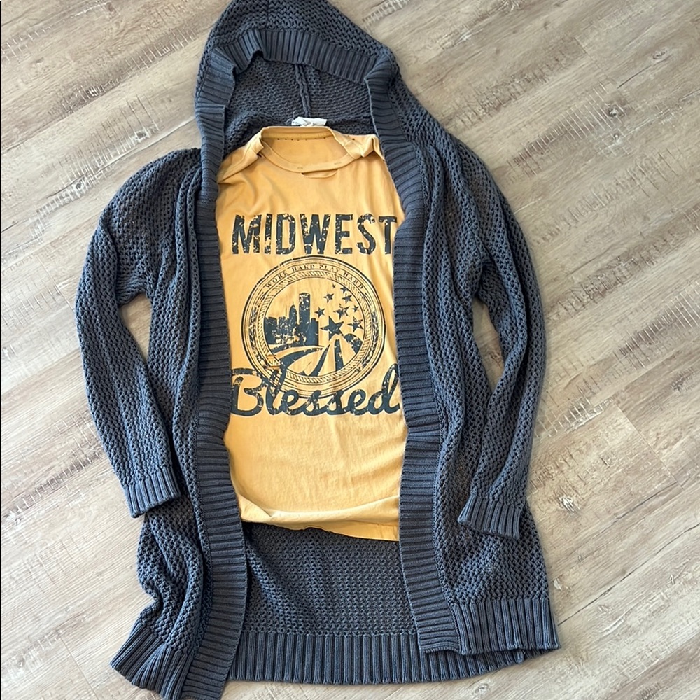 Evy’s tree Gray Hooded Sweater and Midwest Blessed tshirt.
